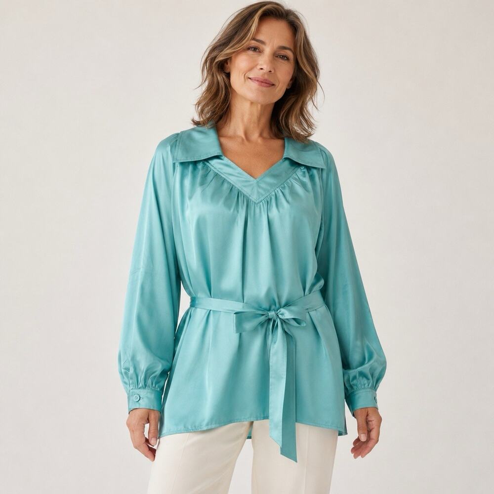 Victor Costa Occasion Soft Satin Tunic Blouse Cape Collar Turquoise XL Belted